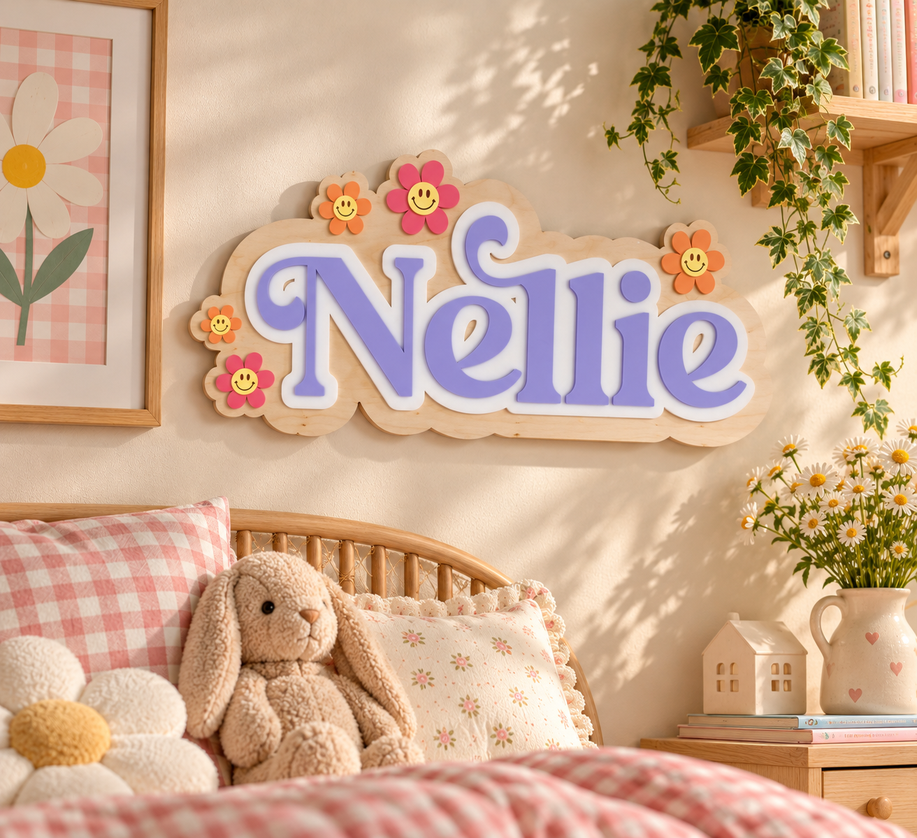Personalised Wooden & Acrylic Name Sign – Smiley Flowers