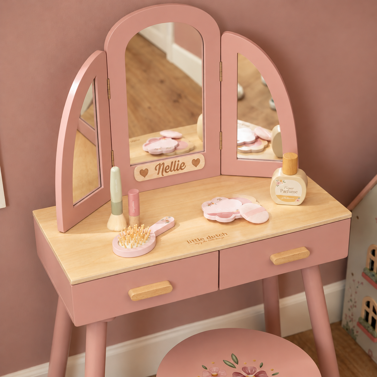 Little Dutch Wooden Vanity Table with Stool – Pink