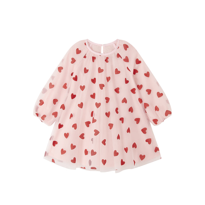 Bob & Blossom Pale Pink with Red Glitter Hearts Balloon Sleeve Dress