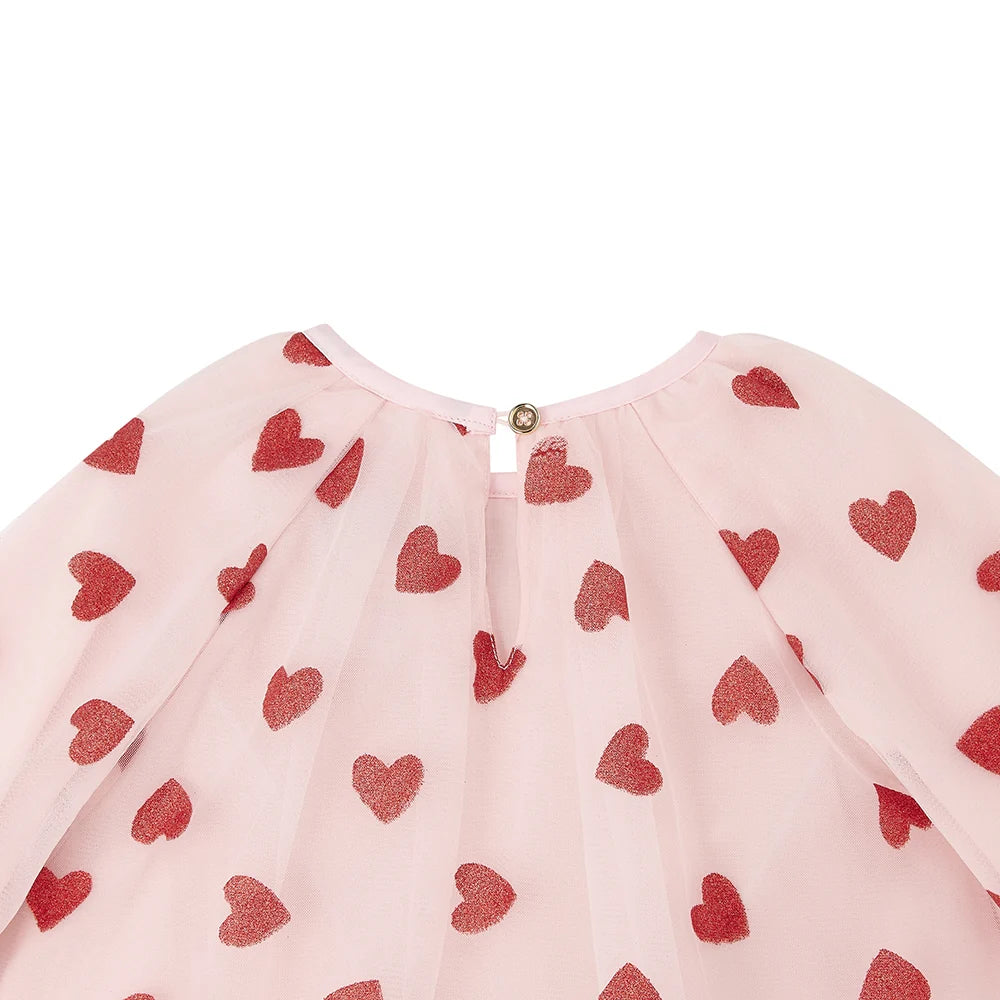 Pale Pink with Red Glitter Hearts Balloon Sleeve Dress
