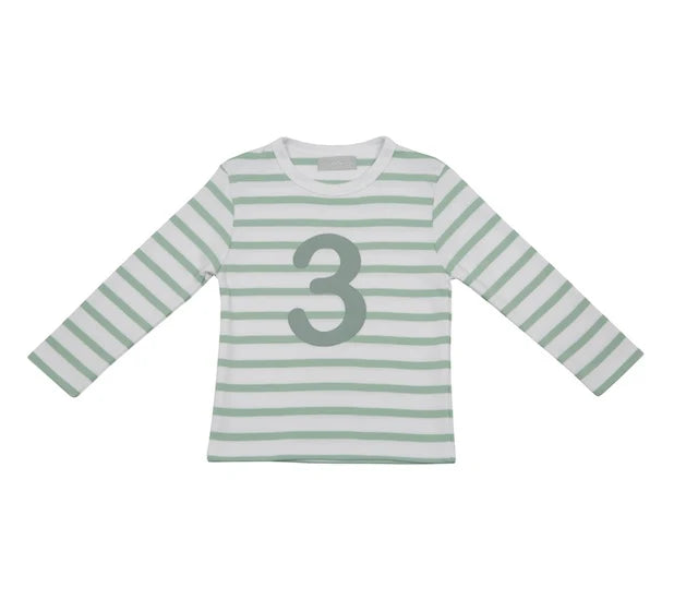 Bob & Blossom Seafoam Breton Striped Birthday Number T-Shirt – Ages 1–5