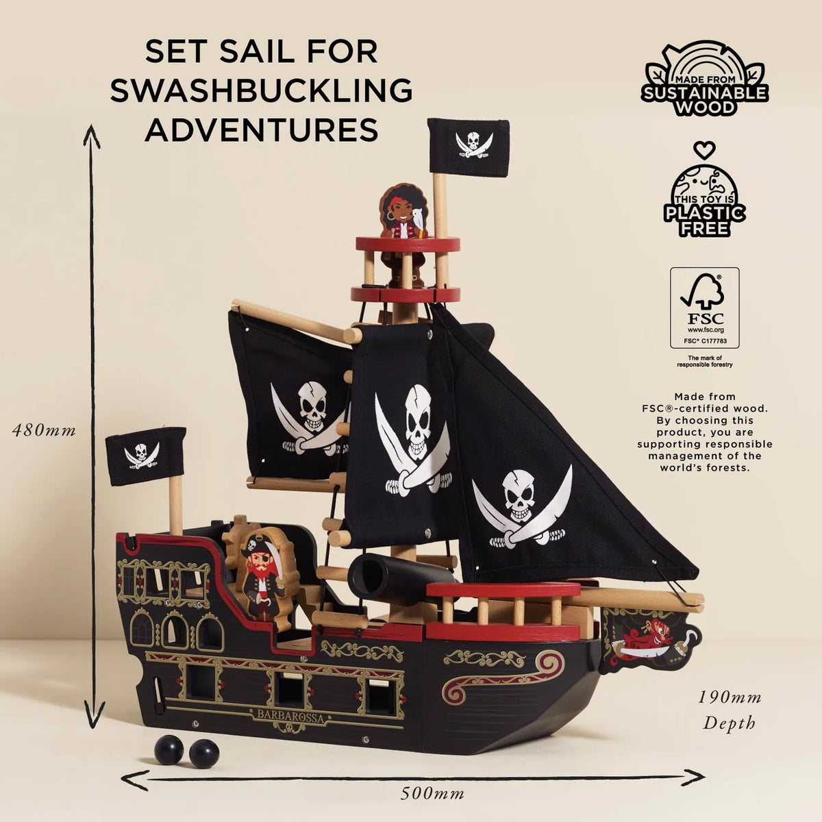 Le Toy Van Barbarossa Pirate Ship & 2 Characters