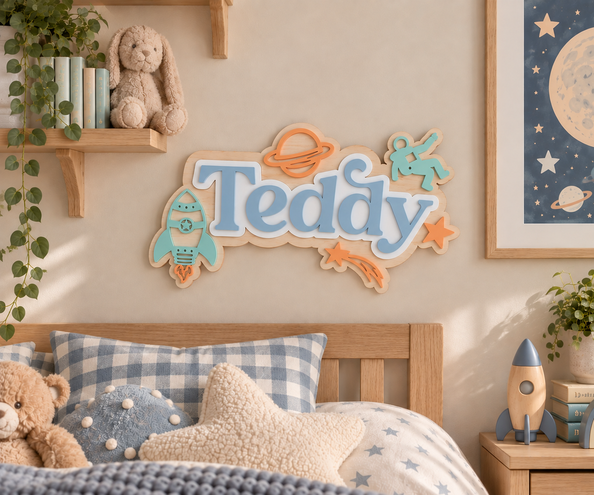 Personalised Wooden & Acrylic Name Sign – Space Adventure