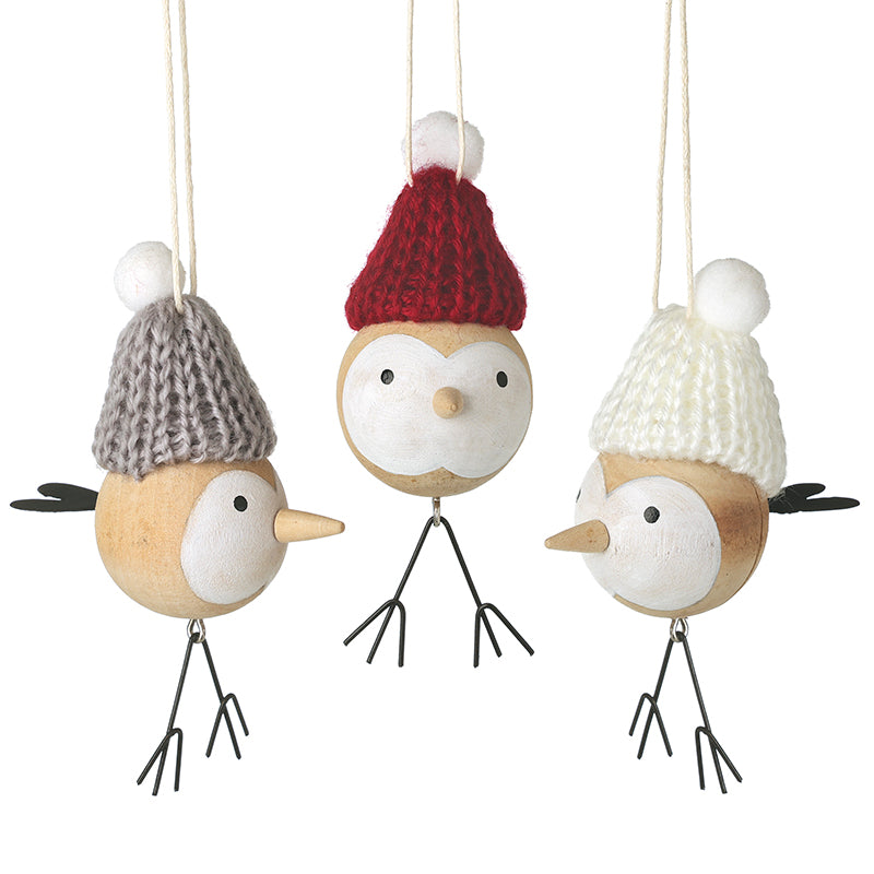 Heaven Sends Wooden Birds In Pompom Hats Hanging Decoration Mix