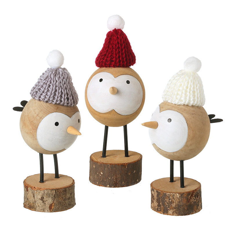 Heaven Sends Standing Wooden Birds In Pompom Hats Mix