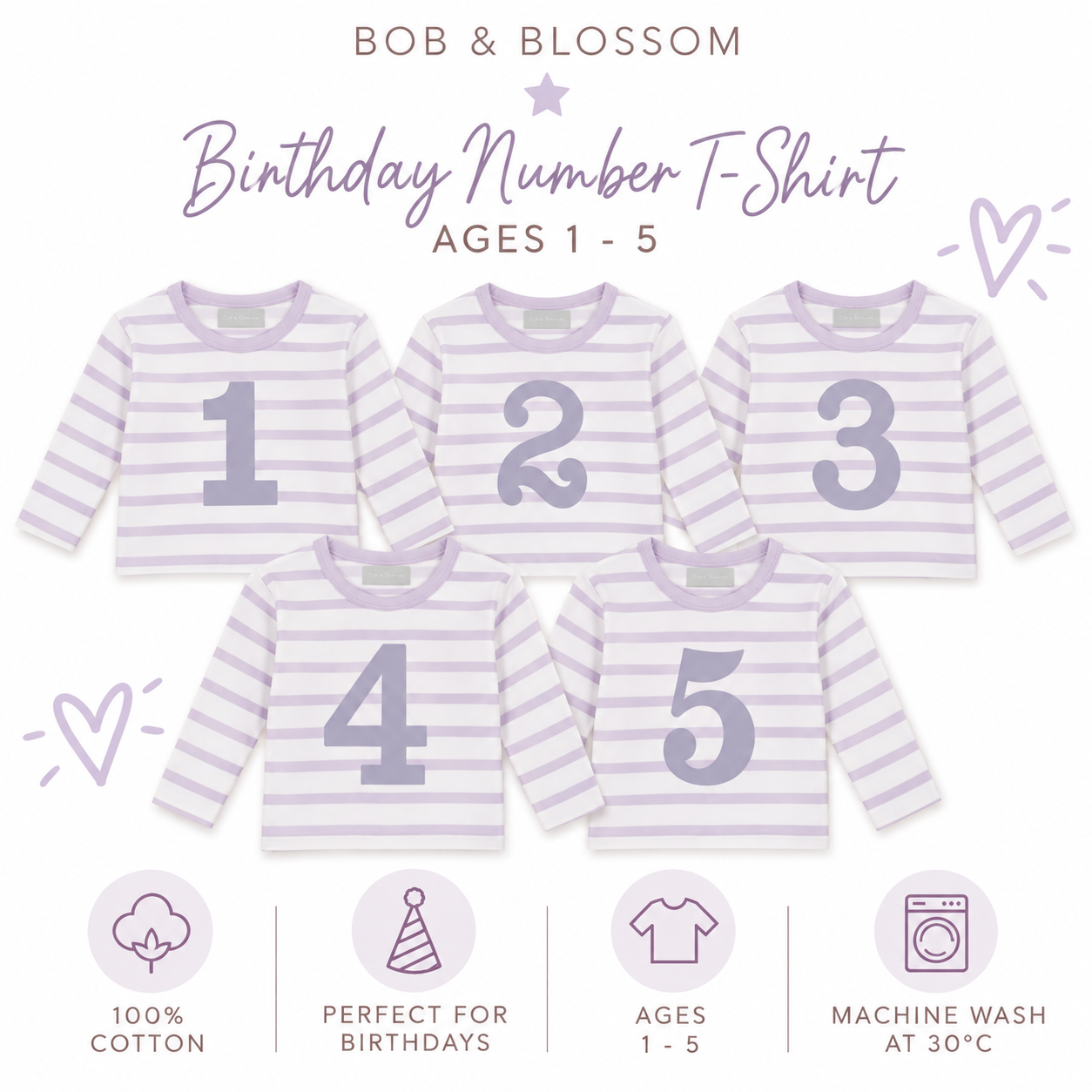 Bob & Blossom Lilac Breton Striped Birthday Number T-Shirt – Ages 1–5