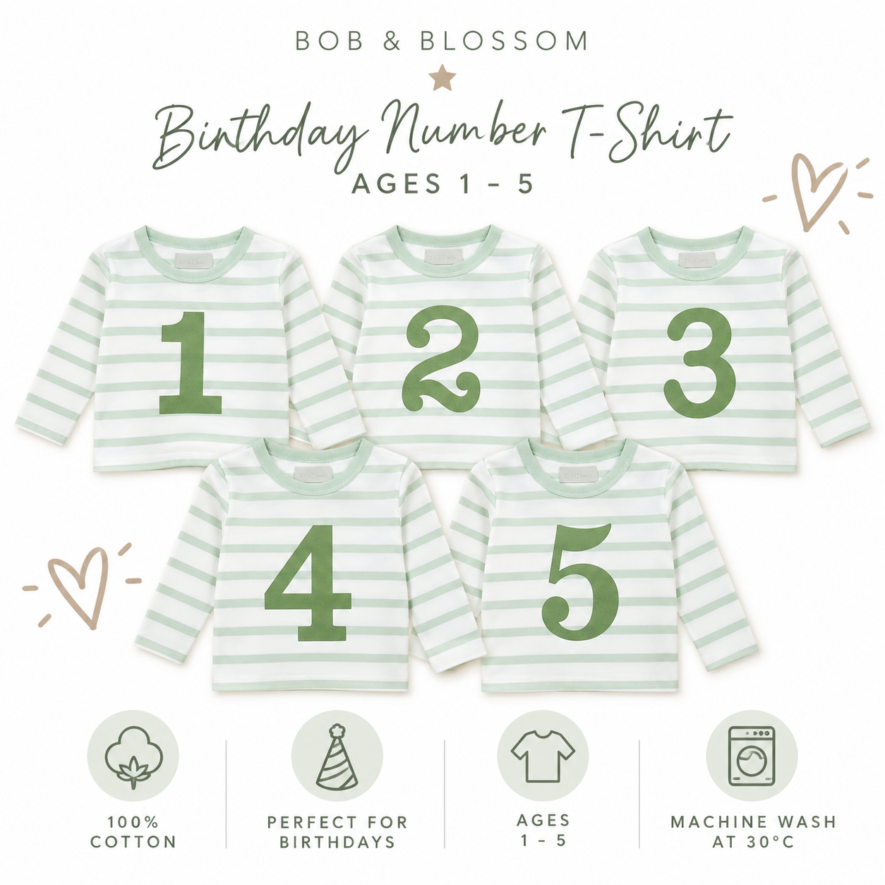 Bob &amp; Blossom Powder Blue Breton Striped Birthday Number T-Shirt – Ages 1–5