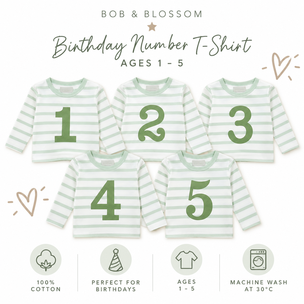 Bob &amp; Blossom Powder Blue Breton Striped Birthday Number T-Shirt – Ages 1–5