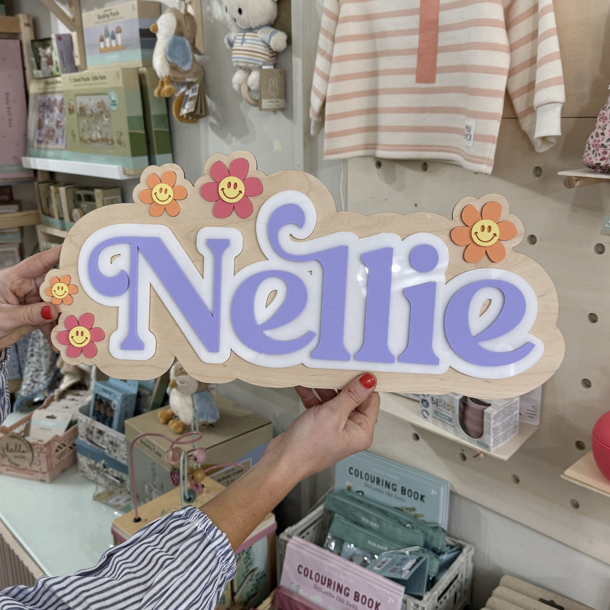 Personalised Wooden & Acrylic Name Sign – Smiley Flowers