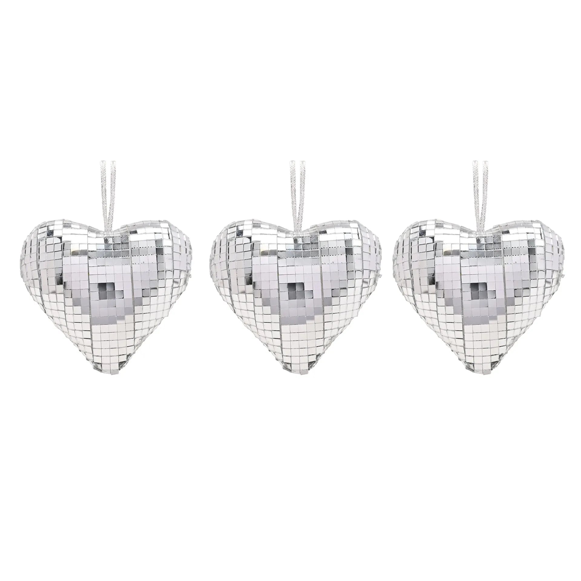 Set of 3 Silver Disco Heart Christmas Hanging Decorations