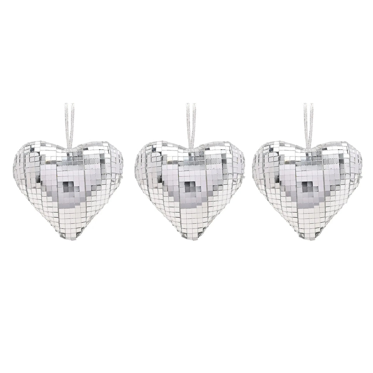 Set of 3 Silver Disco Heart Christmas Hanging Decorations