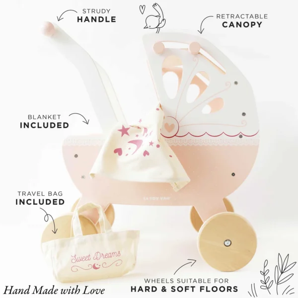 LE TOY VAN SWEET DREAMS PINK DOLLS PRAM - Image 4